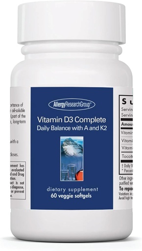 [BRSRAZQRBUIRUDTX] Allergy Research Group Vitamin D3 Complete - Vitamina D3 y K2 Suplemento, Daily Balance, con Vitamina A, DeltaGold Tocotrienols, High Potency, Veggie Softgels - 60 Cuenta