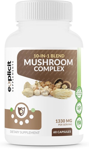 [BRSWY2Y5OQNQMCLX] Complete Mushroom Supplement with 10 Mushroom Extracts & Blends (Cordyceps, Reishi, Shiitake, Lions Mane, Maitake, Turkey Tail, Chaga, Royal Sun, White Button, Black Fungus Mushroom) - 60 Caps