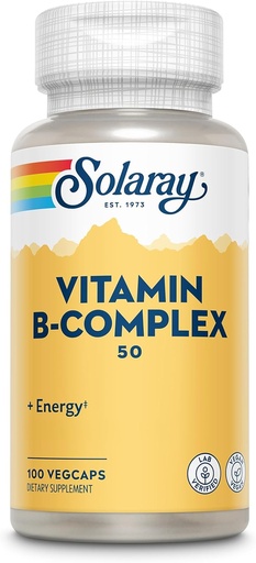 [BRSWIYTYCUPWCEAZ] SOLARAY bitamina B konplexua 50 mg - Energia zelularra bitamina - Metabolismoa eta nerbio-osasuna B12 bitaminarekin, B1 bitamina, B6, Niacin, Azido Folica, Biotin eta beste B bitamina batzuekin - Vegan, 100 VegCaps