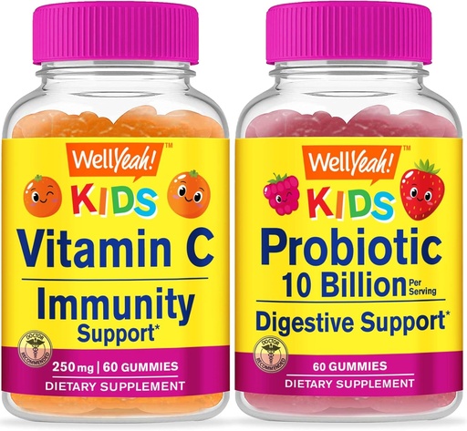[BRSROFAQBUPWYYA7] WellYeta Vitamin C Kids + Probiotics 10B Kids, Gummies Bundle - Μεγάλη γεύση, συμπλήρωμα βιταμίνης, χωρίς γλουτένη, GMO δωρεάν, μασώμενη κοιλιά