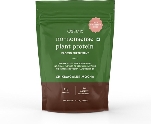 [BRSRMEI6CRYROYAU] cosmix No Nonsense Plant Protein | Organic Brown Rice & Pea Isolate | Easy Digestion | 24G Protein/Serving | Gluten & Lactose Free | (Chikmagalur Mocha, 500g)