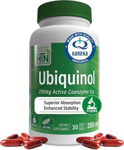[BRSWIHQPCUGR62DI] Santé Thru Nutrition Ubiquinol 200mg 30 softgels comme Kaneka QH réduit CoQ-10.