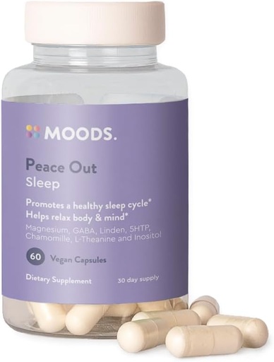 [BRSW2CA3CAAWGADH] Moods | Peace Out | Natural Sleep Aid Supplement | Deep Sleep. Relax and Calm for Better Nights Rest | Magnesium, GABA, Chamomile, 5-HTP, L-Theanine, Myo-Inositol | 60 Vegan Capsules for 30 Days