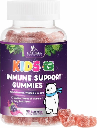 [BRSWGHT4DN5AOYD7] Kids Immune Support Gummies - Vitamin C, Zinc & Echinacea, Children's Daily Immune Health Support Gummy for Ages 4 and Up, Nature's Vitamins for Kids, Vegan & Non-GMO, Berry Flavor - 90 Gummies