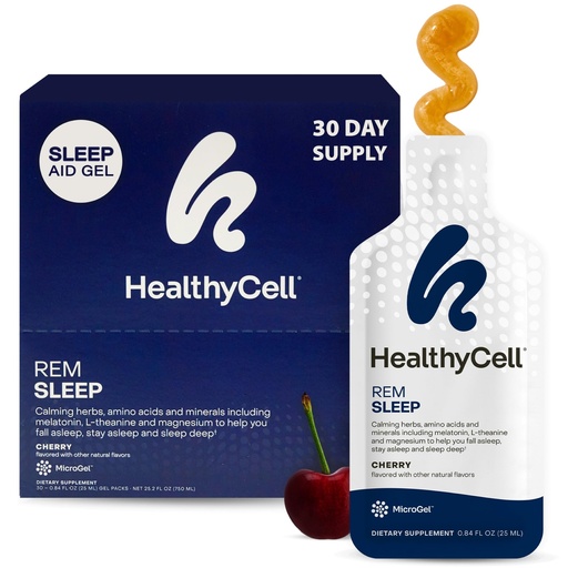 [BRSWGCQCOVYBMAY2] Healthycell REM Sleep Aid Supplement for Adults - Liquid Gel Extra Strength Sleep Supplement with Melatonin, Magnesium, L-Theanine, GABA & Natural Calming Herbs - 30 Gel Packs, Cherry Flavored