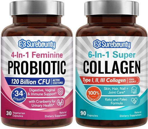 [BRSRA2TYCEFQAE3D] Probiótico + colágeno Bundle, 4-en-1 Feminine Probiotic (30ct) & 6-in-1 Super Collagen (90ct), 2 Packs, Arándano, Digestivo &amp; Saludable Aging Support, Non-GMO
