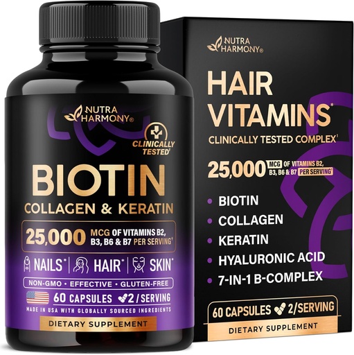 [BRSW2AACA4HA2E3J] Biotin | Collagen | Hyaluronic Acid | Keratin - Clinically Tested Supplement - Hair Growth Support, Skin & Nails - 25000 mcg Vitamins B2, B3, B6 & B7 + B1 - Made in USA - Women & Men | 60 Capsules