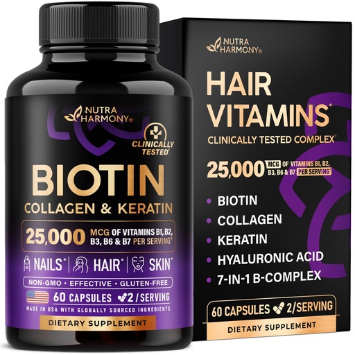 [BRSW2AACA4HA2E3J] Biotin | Collagen | Hyaluronic Acid | Keratin - Support Normal Hair Growth Cycle, Skin & Nails - Clinically Tested - 25000mcg Vitamins B1, B2, B3, B6 & B7 - for Women & Men - Made in USA | 60 Capsules