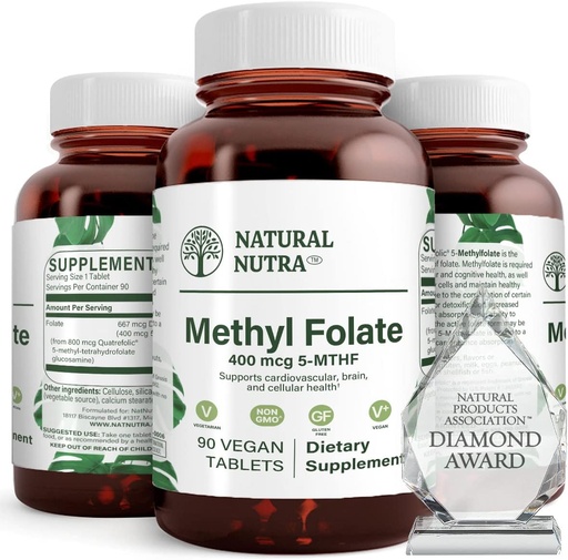 [BRSWYAYQOEPWMC3P] Natural Nutra Active Methyl Folate Supplement mit Quatre Folic, Unterstützung Herz und Körper Gesundheit, hilft Gehirn Gesundheit, Verbesserung positive Vibes, Hilfe reduzieren Knochen-Tired, B9, 90 Vegan Tabletten (Pack von 2)