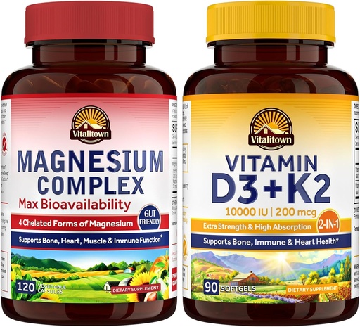 [BRSRAAADBV4BO33D] Vitalitown Magnésium Complexe & Vitamine D3 K2 Bundle (paquet de 2) , pour Immune et Muscle , Magnésium Glycinate , 10000IU D3, MK-7 , 120 Mag Caps & 90 D3 Softgel