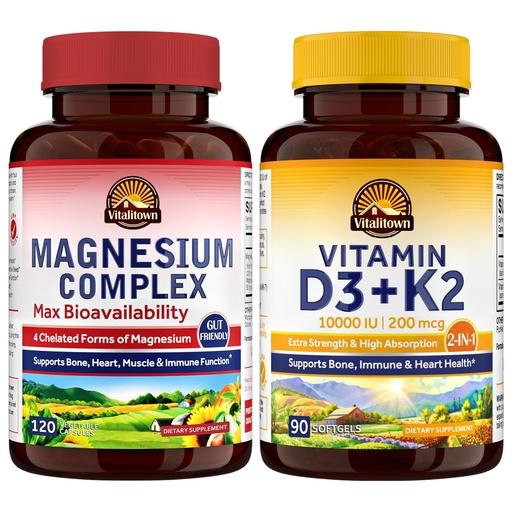 [BRSRAAADBV4BO33D] Vitalitown Magnesium Complex & Vitamin D3 K2 Bundle (Pack of 2) | for Bone Heart Immune & Muscle | Magnesium Glycinate, 10000IU D3, MK-7 | 120 Mag Caps & 90 D3 Softgel