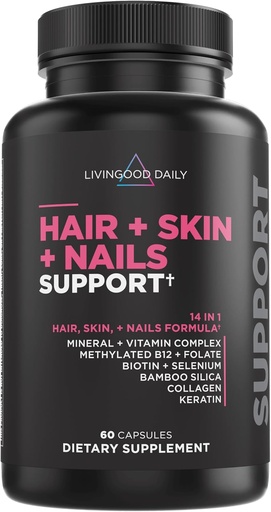[BRSROBL4BYFGG2TZ] Livingood Daily Hair, Skin & Nails Supplement, 14-in-1 Formula con Biotina, Collage, Keratin, Bamboo, Selenium, Folate, B12, Zinc and More, Beauty Supplement per Donne & Uomini, Gluten Free, 60 Capsule