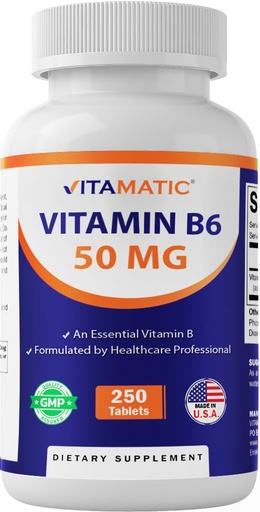[BRSROEAYAAFWME3Z] Vitamatic Vitamin B6 (Pyridoxine HCI), 50 mg 250 Vegetarian Tablets - Promotes Energy Production, boosts Metabolism and Immune Health Support