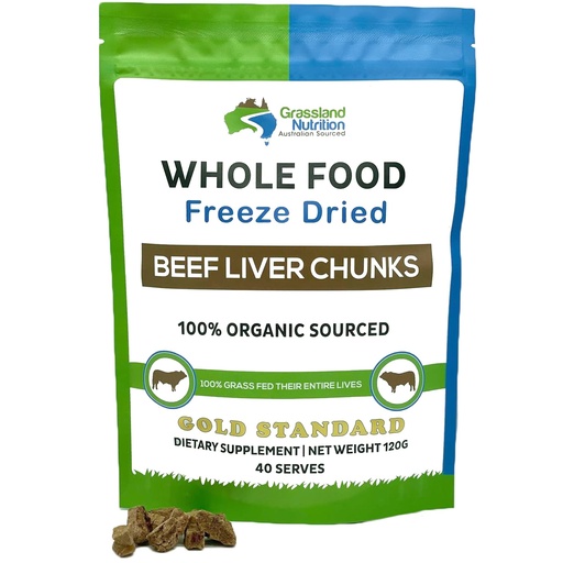 [BRSWYYYKAQJRYYLK] GRASSLAND NUTRITION Organic Liver Freeze Dried Chunks — High in Natural Iron, Vitamin A, B12 for Energy (120g)