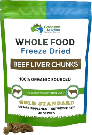 [BRSWYYYKAQJRYYLK] GRASSLAND NUTRITION Organic Liver Freeze Dried Chunks — High in Natural Iron, Vitamina A, B12 for Energy (120g)