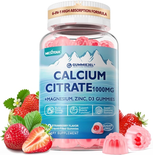 [BRSRAEATPIDWYHL7] Calcium Citrate Supplement 1000mg för kvinnor och män, 6-i-1 Calcium Magnesium Zinc Gummies + Vitamin D3, B6 & Potassium Hög Absorption för ben, tänder, muskel och nervhälsa, Vegan, Sugar Free,60Cts