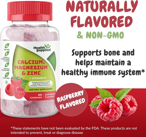 [BRSRMFAOOZ7Q2A3G] Calcium Magnesium & Zinc + Vitamin D Gummies | Bone Health Immune Health Energy and Muscle Function | Daily Dietary Vitamin Supplement | for Adults, Teens | Fruity Raspberry Flavor