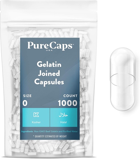 [BRSWIG37BQPAOFI3] PureCaps USA - Empty Gelatin Capsules Size 0| 1.000 Pills Joined| Clear| Non-GMO Certified| SLS, Gluten, Preservative Free