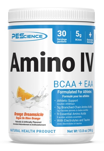 [BRSWG2Q6DMCBUHT2] PEScience Amino IV BCAA & EAA Powder, Essential Amino Acids, Taurine, Electrolytes for Hydration and Muscle Recovery, Sugar Free for Men & Women, Post Workout - Orange Dreamsicle - 30 Servings