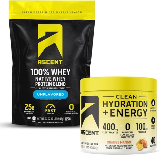 [BRSRA2QEBMNB6DYY] Ascent 100% Whey Protein Powder, Unflavored 2 lb & Hydration + Energy Electrolytes, Orange Mango 40 Servings
