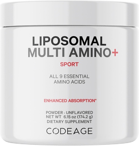 [BRSRMCQNOJ6GMHL6] Codeage Liposomal Multi Amino Powder Supplement - BCAA & EAA Supplement Alle 9 essentiële Aminozuren, vertakte Aminozuur, Pre & post workout, Unflavored, Liposomale Delivery, Non-GMO, 6,15 oz