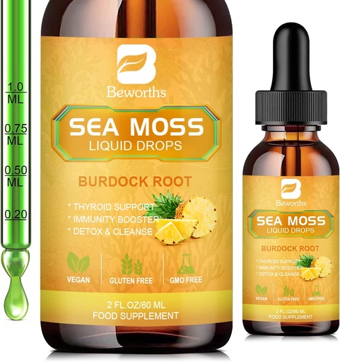 [BRSRMHD6ORYWKHY4] Sea Moss Liquid Drops - Organic Irish Sea Moss Gel with Spirulina, Bladderwrack, Burdock Root, Pinapple Seamoss Gel Supplement for Joint, Detox Cleanse & Digestion Support - 2 Fl Oz, Vegan