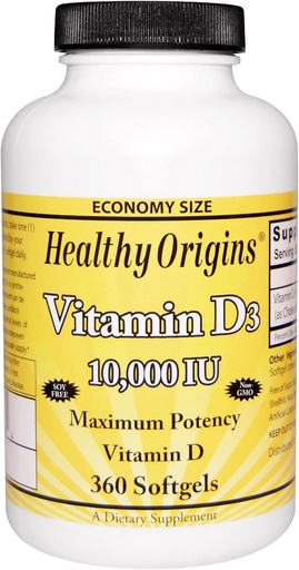 [BRSWIYIGA55R42IZ] Orígenes saludables Vitamina D3 Potencia máxima 10,000IU 360 Softgels, Total de 2 paquetes