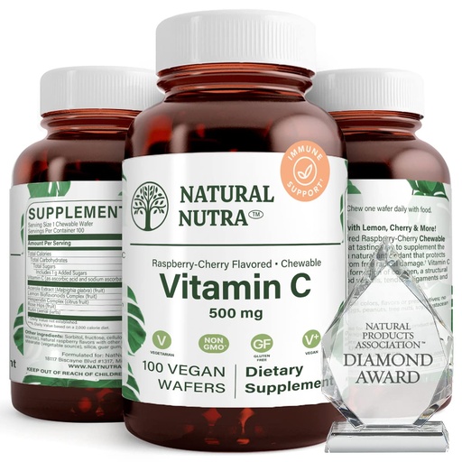 [BRSWGEAEBEBR6HLF] Natural Nutra Vitamin C Supplement for Kids and Adults, Immune Booster, Helps Supports Bone Health, Protect Skin and Heart Health, Vegetable Source, 500 mg, 100 Vegan Wafers