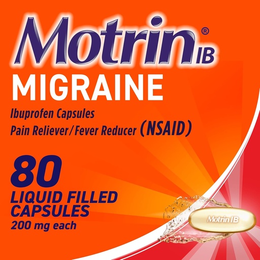 [BRSWYAD4AENBSETO] Motrin IB Migraine Relief Liquid Gel Capsules with 200 mg Ibuprofeeni per kapseli, nopea ja tehokas migreeni Päänsärky NSAID Pain Reliever Ibuprofeeni, kofeiinivapaa, 80 lla