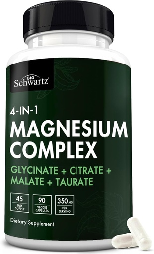 [BRSRAFI6AR6WEC3F] BioSchwartz Magnesium Complex Supplement (90 Cápsulas) 350mg Magnesium Glycinate Citrato Malate e Taurate Por Servindo para Nervos Saudáveis Apoio ao Sono do Coração (Vegan, Gluten-Free, Non-GMO)