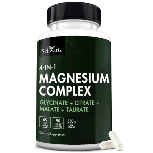 [BRSRAFI6AR6WEC3F] BioSchwartz Magnesium Complex Supplement (90 Capsules) 350mg Magnesium Glycinate Citrate Malate and Taurate Per Serving for Healthy Nerves Muscles Heart Sleep Support (Vegan, Gluten-Free, Non-GMO)
