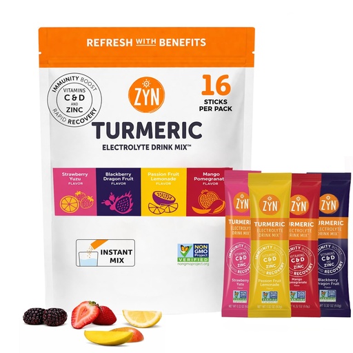 [BRSROGI6B4NGMCA2] ZYN Electrolyte Drink Mix Hydration Packets, Electrolytes Powder, Hydration Packets w/Turmeric Curcumin, Vitamin C and D, Zinc, Hydrate Electrolyte Powder Packets for Wellness, Variety Pack of 16