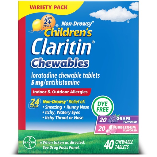 [BRSW2GDYCMHR6G33] Claritin Children's Allergy Medicine, 24-Hour Non-Drowsy Loratadine 5mg Chewable Tablet, Antihistamine for Kids Ages 2 Years and Older, Grape & Bubble Gum Flavors, Dye-Free, 40 Tablets