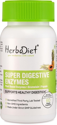 [BRSWGFLQBZYQGCD5] Herbadiet Digestive Enzyme Supplements | Bromelain & Papain Extract 500mg Capsules | Proteolytic Enzymes with Lipase Lactase Amylase (60 Capsules)
