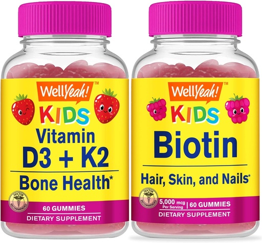 [BRSROEL7AB5GMFLL] WellYeah Vitamin D3+K2 Kids + Biotin Kids, Gummies Bundle - Great Tasting, Vitamin Supplement, Gluten Free, GMO Free, Chewable Gummy