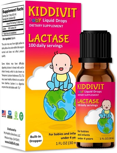[BRSWYFQEOQBRAHLG] Kiddivit Baby Lactase drops 1000 Units – Gentle Digestive Support Enzyme Supplement – 100 Daily Servings – Built-in Dropper, Glass Bottle – Gluten Free, Vegetarian, 1oz
