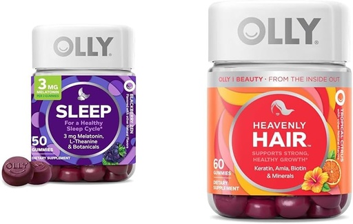 [BRSRAYITDEPGCA3U] OLLY Sleep Gummy con Melatonin, L-Theanine, Botanicals, BlackBerry Flavor, 50 Conde " Heavenly Hair Gummy con Keratin, Biotin, AMLA, Tropical Orange Flavor, 60 Conde Bundle