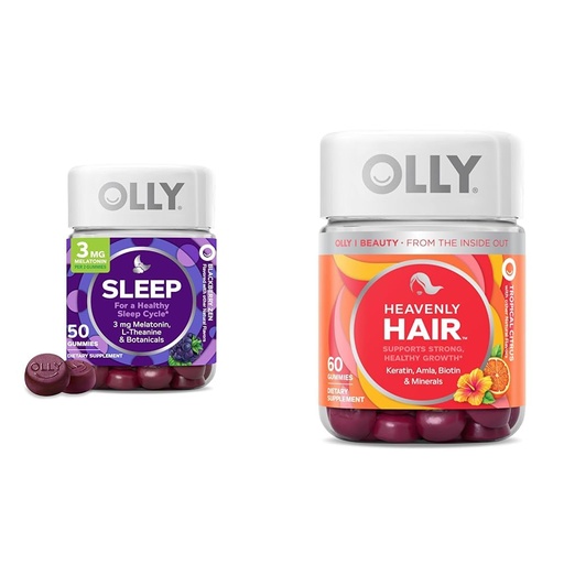 [BRSRAYITDEPGCA3U] OLLY Sleep Gummy with Melatonin, L-Theanine, Botanicals, BlackBerry Flavor, 50 Count & Heavenly Hair Gummy with Keratin, Biotin, AMLA, Tropical Orange Flavor, 60 Count Bundle