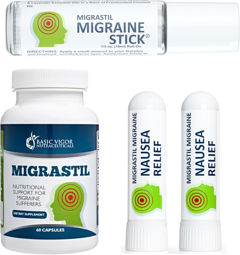 [BRSWGBIYCMIWEAY7] Basic Vigor Migrastil Migraine Kit de suporte com Migraine Stick, Cápsulas e Nausea Inhaler. Feito nos EUA