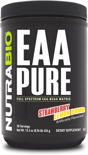 [BRSWYZT3CEMQODLV] NutraBio – EAA Pure – 9 Amino Acids – Muscle Repair and Recovery, 30 Servings, Strawberry Lemon Bomb – Pre or Post Workout – All Day Recovery