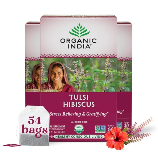 [BRSWY2Q6OYNWMEYU] ORGANIC INDIA Tulsi Hibiscus Tea Bags - Holy Basil Herbal Tea, Stress Relieving, Calming, Immune Support, USDA Organic, Caffeine Free -18 Bags, 3 Pack