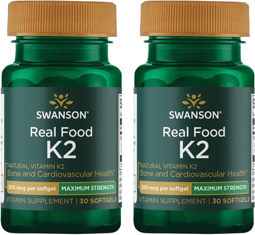 [BRSWGFD3BUAWKDTV] Swanson Vitamina K2 de força máxima (Menaquinona-7)-Vitamina Suplemento Suportando Saúde Cardiovascular e Óssea-Made de Natto japonês para ajudar a regular cálcio (30 Softgels, 200mcg cada) (2 embalagem)
