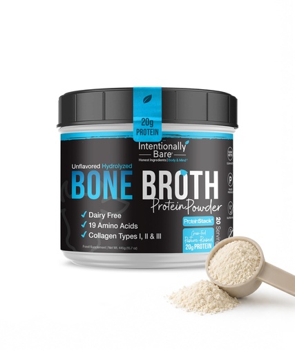 [BRSWGFA3BF7BMELL] Intentionally Bare Bone Broth Powder - Grass Fed Bone Broth Protein Powder - Collagen Peptides Type 1, 2 & 3 - Dairy Free Hydrolyzed Collagen for Skin, Hair, Gut & Joints – Unflavored - 20 Servings