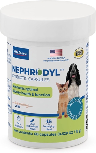 [BRSROBICPMNQ2A3Z] NEPHRODYL Synbiotic Capsules - Kidney Support Supplement for Cats & Dogs, Probiotics & Prebiotics for Digestive Health, Small & Easy-to-Swallow Capsules, Made in The USA- 60 Ct