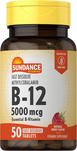 [BRSROHA2OZYBAHL3] Sundance Vitamin B12 Fast Dissolve Tablets TEN 5000 mcg TENIDO 50 Conde TENIDO como Methylcobalamin TEN Natural Berry Flavor ANTE Vegetariano, No GMO, y Gluten Free Supplement
