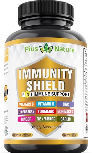[BRSW2ZY3BMBGCEIU] 9-en-1 Apoyo inmunológico Vitamina C (1000mg), Vitamina D3 (5000 UI), Zinc(22mg) con Elderberry, Turmeric, Echinacea, Ginger, Ajo y Pre+Pro-Biotic per Serving (120 caps per Bottle - 2 Month Supply)