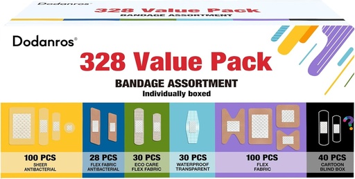 [BRSROHTRBMFGEEY6] Variety Bandages Pack,328ct Assorted Bulk Различные размеры, формы и характеристики | Шире & Flex Fabric с бензалконием, ECO Bamboo Fabric, Водонепроницаемые, Мультфильм Слепая коробка ароматические повязки