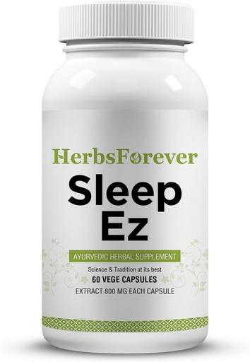 [BRSWKHDZCQOGIG3O] Herbsforever Sleep Ez (Sleep Ease) (Ayurvedic Herbal Formulation) para la relajación de la mente, el cuerpo y la asistencia del patrón de sueño feliz, 60 cápsulas de vegeta, 800 mg cada extracto concentrado