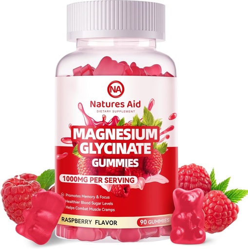 [BRSRAFI3DN6GG3D6] Magnesio Glycinate Gummies 1000mg - Suplemento de potasio de magnesio gratuíto con vitamina D, B6, CoQ10 para o estado de ánimo e sono - 90 Gummies de Raspberry.