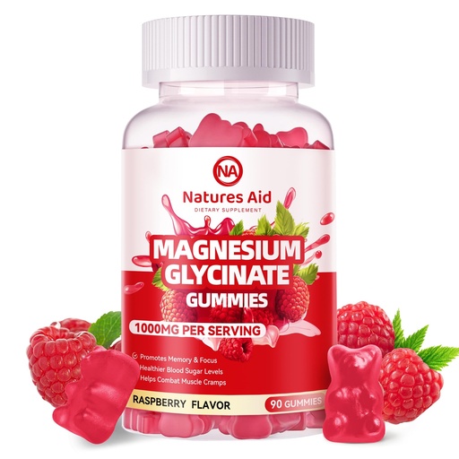 [BRSRAFI3DN6GG3D6] Natures Aid Magnesium Glycinate Gummies 1000mg - Sugar Free Magnesium Potassium Supplement with Vitamin D, B6, CoQ10 for Calm Mood & Sleep Support - 90 Raspberry Gummies.